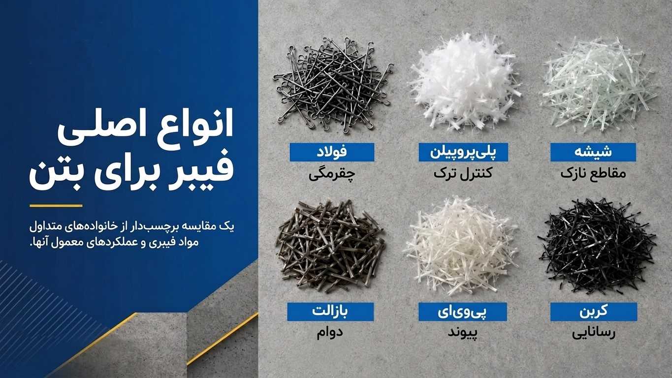 مقایسه انواع اصلی فیبر برای بتن — فولاد، پلی‌پروپیلن، شیشه، بازالت، پی‌وی‌ای و کربن